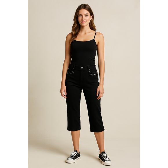 Y2K Rhinestone Studded Black Capri Pants Sexy Couture Size 13 - Picture 1 of 7